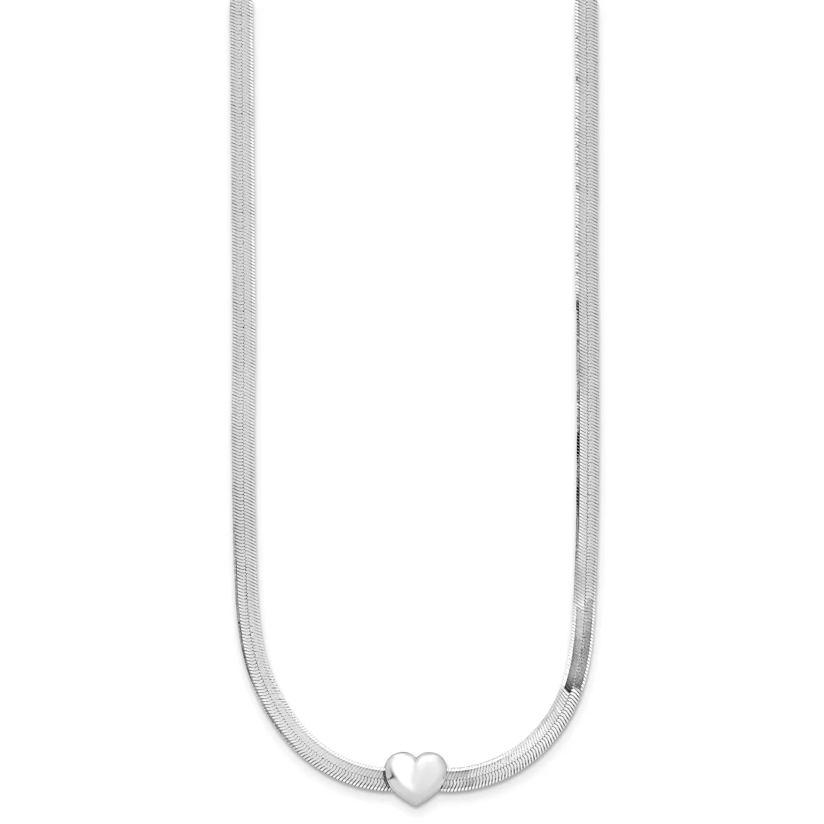 Silver snake chain necklace with a small heart pendant centered at the bottom.