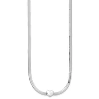 Silver snake chain necklace with a small heart pendant centered at the bottom.