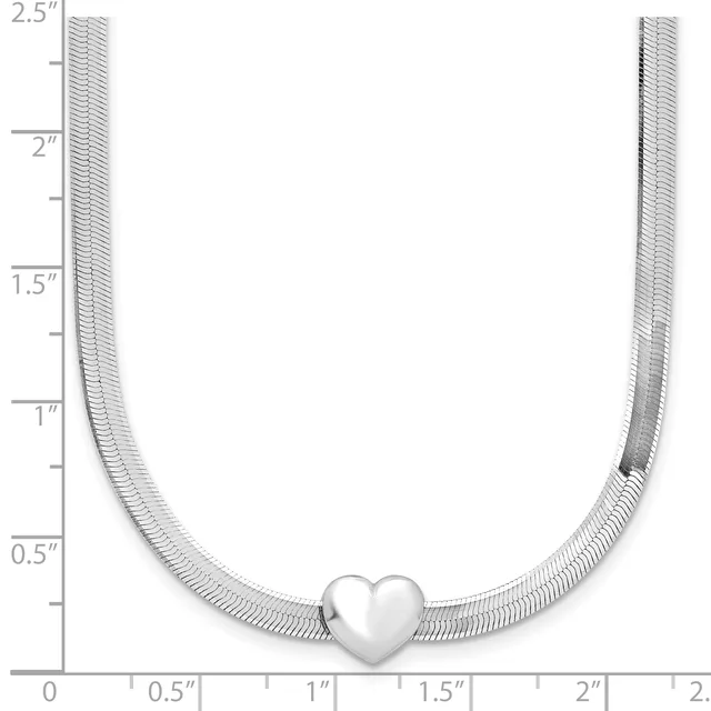 Silver snake chain necklace with a polished heart charm centered at the bottom, displayed on a ruler showing approximately 2.5 inches in length.