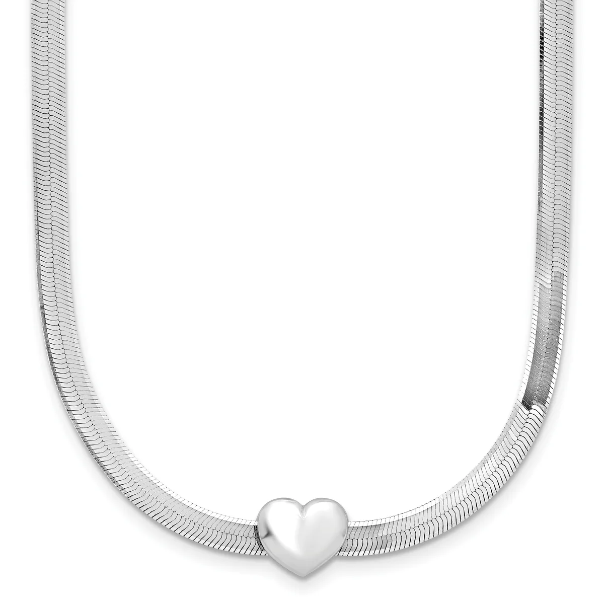 Silver snake chain necklace with a polished heart charm centered at the bottom.