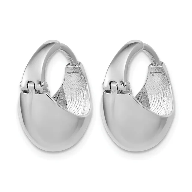A pair of polished silver chunky hoop earrings with a textured interior surface and hinged closures, shown from the front.