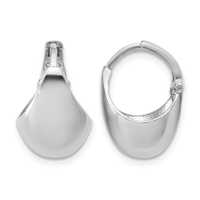 A pair of polished silver teardrop-shaped hoop earrings shown from front and side views, featuring a curved tubular design with a hinged closure.