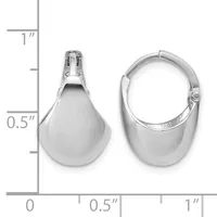 Two polished silver teardrop-shaped hinge earrings shown front and side view against a measurement scale.
