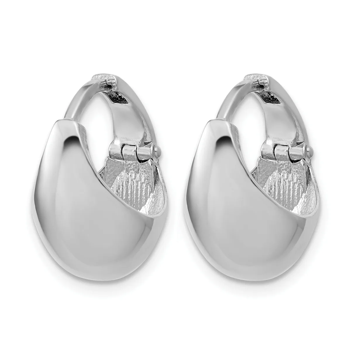 A pair of polished silver chunky hoop earrings with a smooth curved teardrop shape and hinged closures.