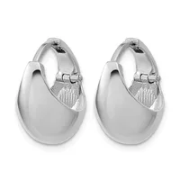 A pair of polished silver chunky hoop earrings with a smooth curved teardrop shape and hinged closures.