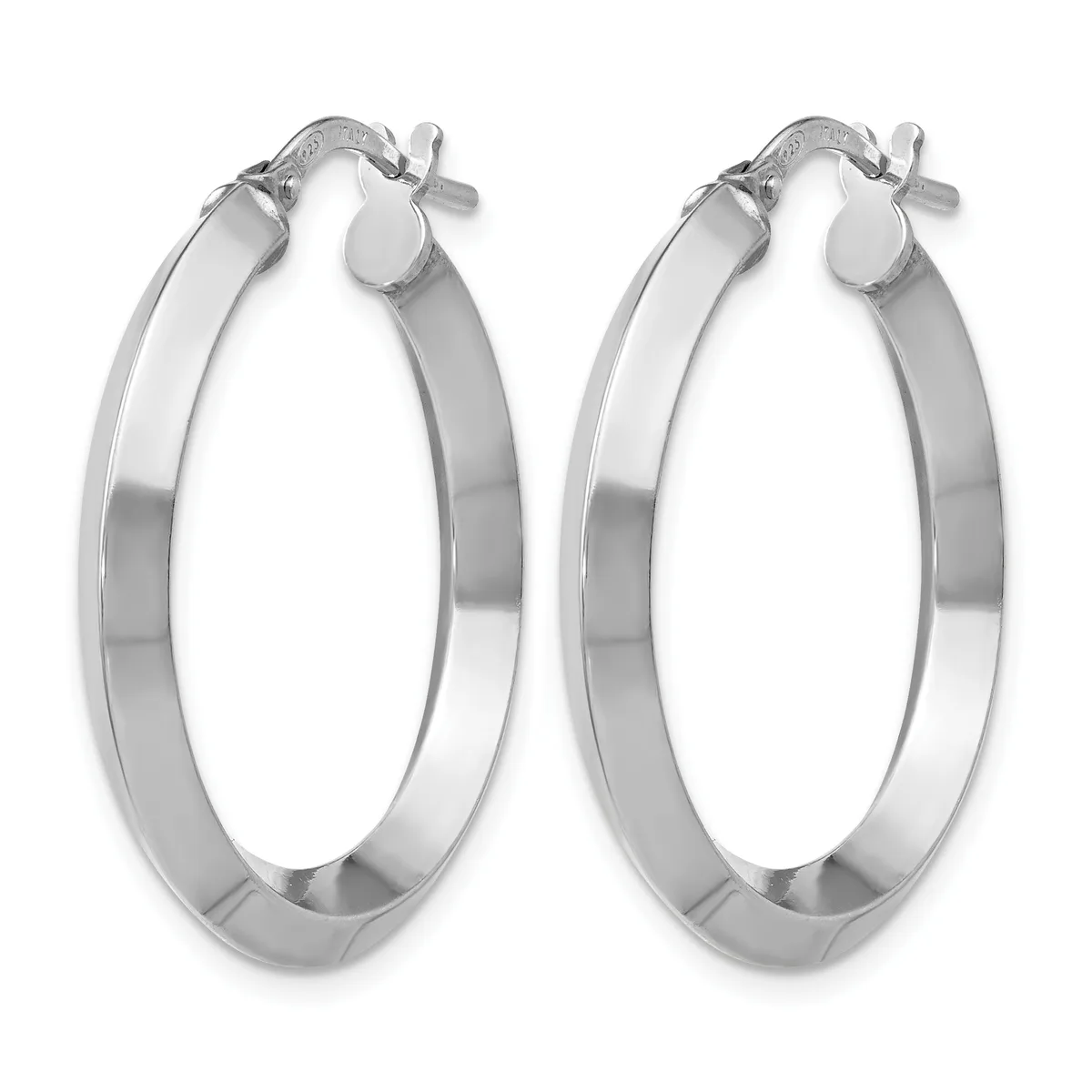 A pair of polished silver-toned oval hoop earrings with flat bands and hinged closures, shown from the front against a white background.