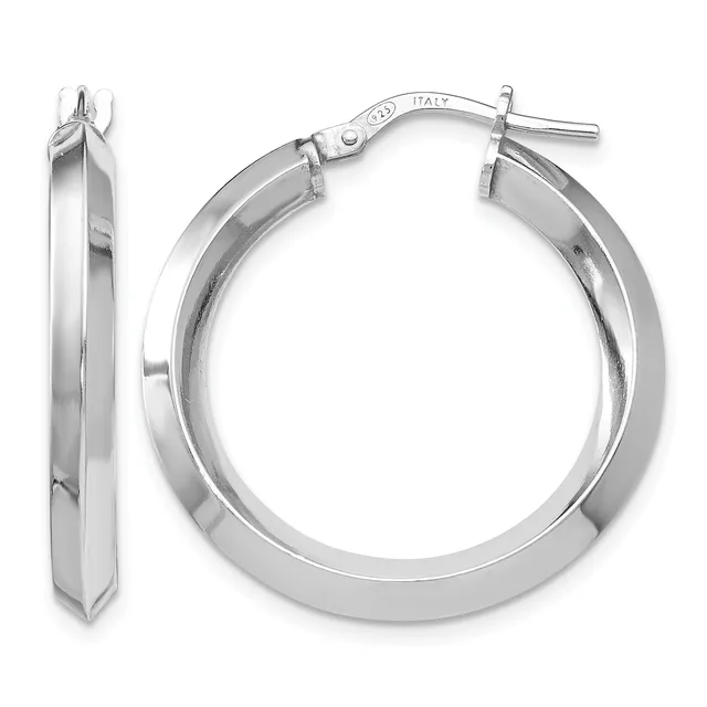 A pair of polished silver-toned hoop earrings with a rectangular cross-section, shown from front and side views with a hinged post closure.