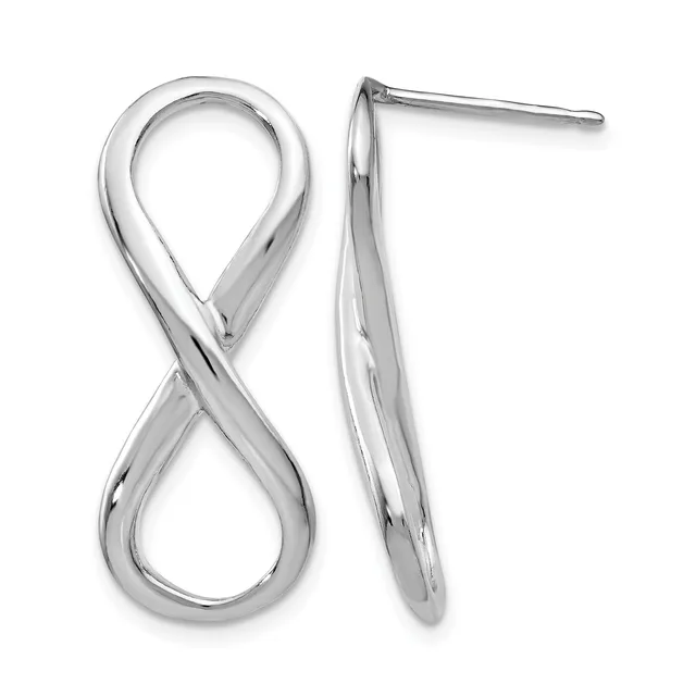 A pair of polished silver infinity symbol earrings with post and stud backs, shown from front and side views.