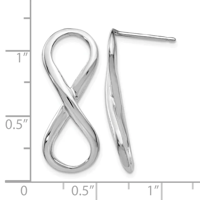 Pair of silver infinity symbol earrings with post backs, displayed against a measurement scale showing approximately one inch in height.