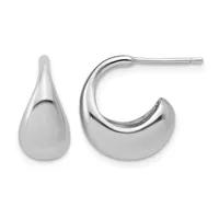 A pair of polished silver teardrop hoop earrings displayed against a white background, shown from the front and side angles.