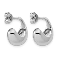 A pair of polished silver chunky crescent-shaped hoop earrings with textured posts and backs, displayed against a white background.