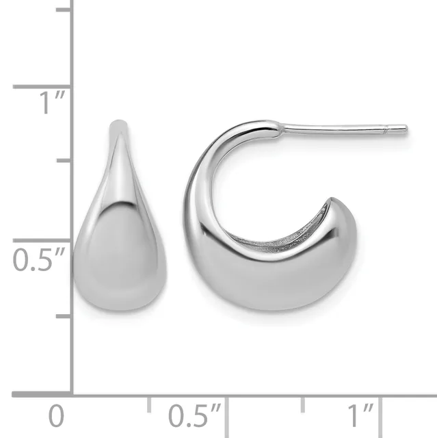 A pair of polished silver teardrop-shaped hoop earrings displayed next to a measurement scale showing approximately 0.5 inches in height and 1 inch in width.