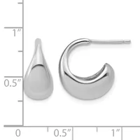 A pair of polished silver teardrop-shaped hoop earrings displayed next to a measurement scale showing approximately 0.5 inches in height and 1 inch in width.