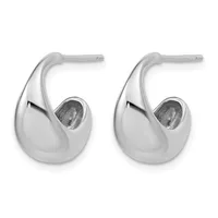 A pair of polished silver teardrop-shaped hoop earrings with textured oval centers and post backs, shown from the front.
