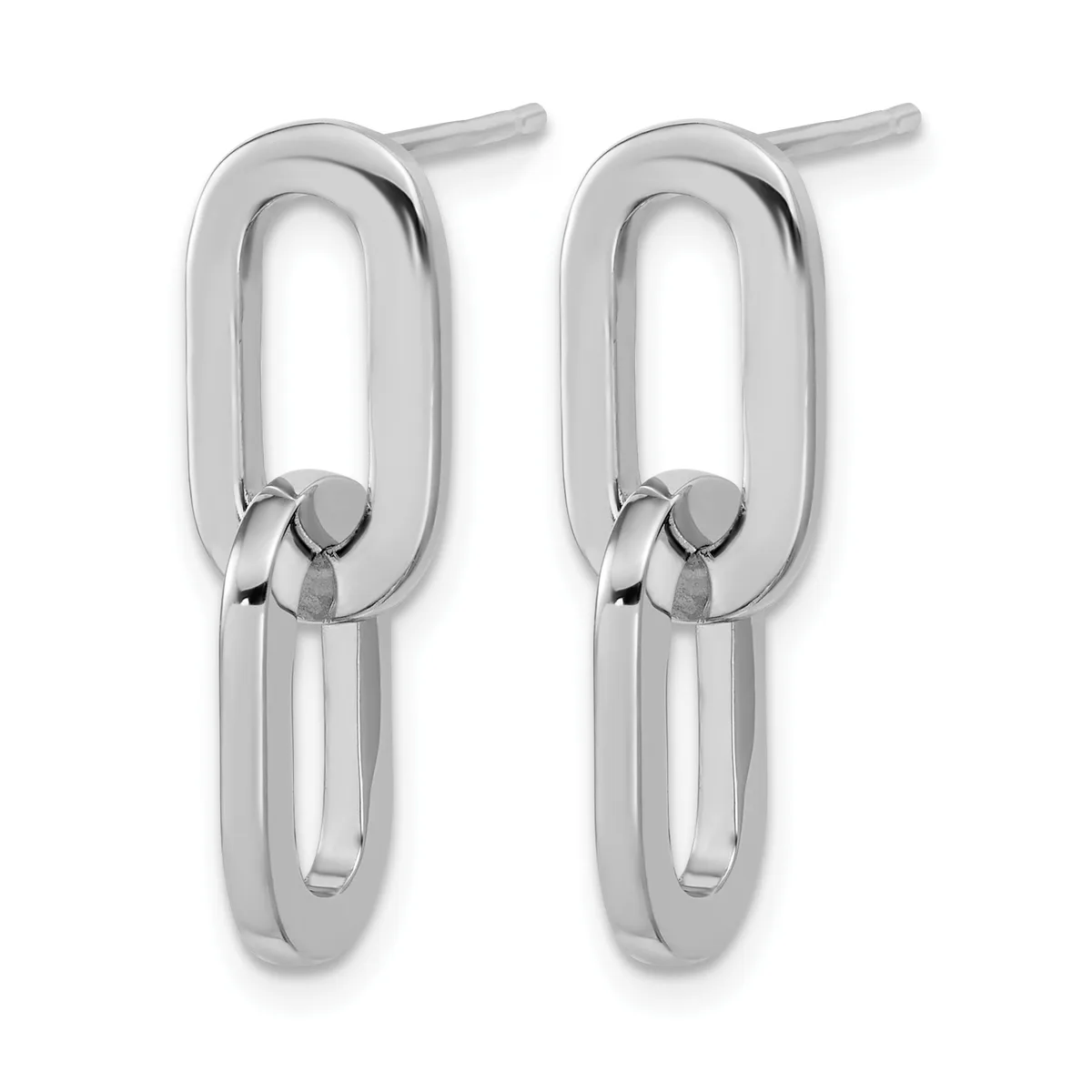 A pair of polished silver double-oval drop earrings with stud posts, shown from the front against a white background.