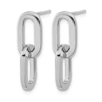 A pair of polished silver double-oval drop earrings with stud posts, shown from the front against a white background.