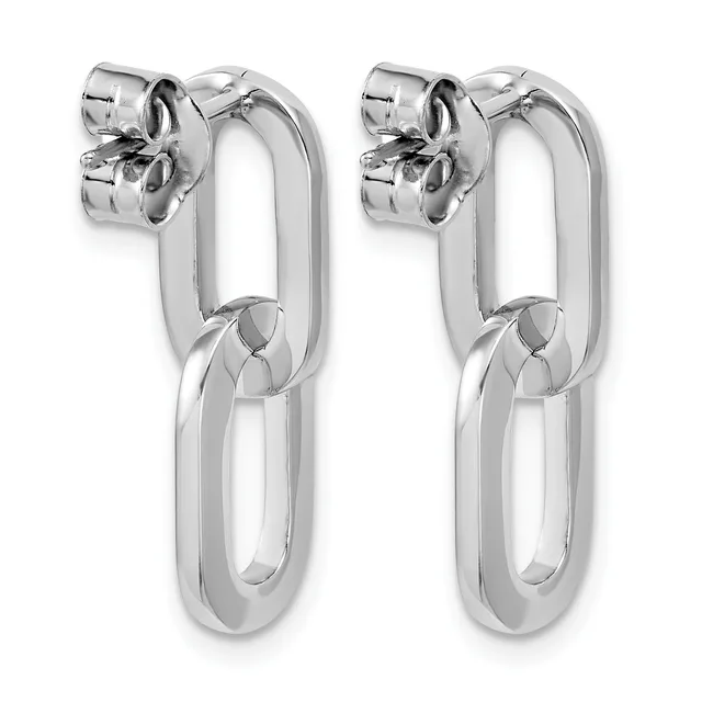 Pair of silver-toned oval link chain earrings with textured flower-shaped studs at the top.