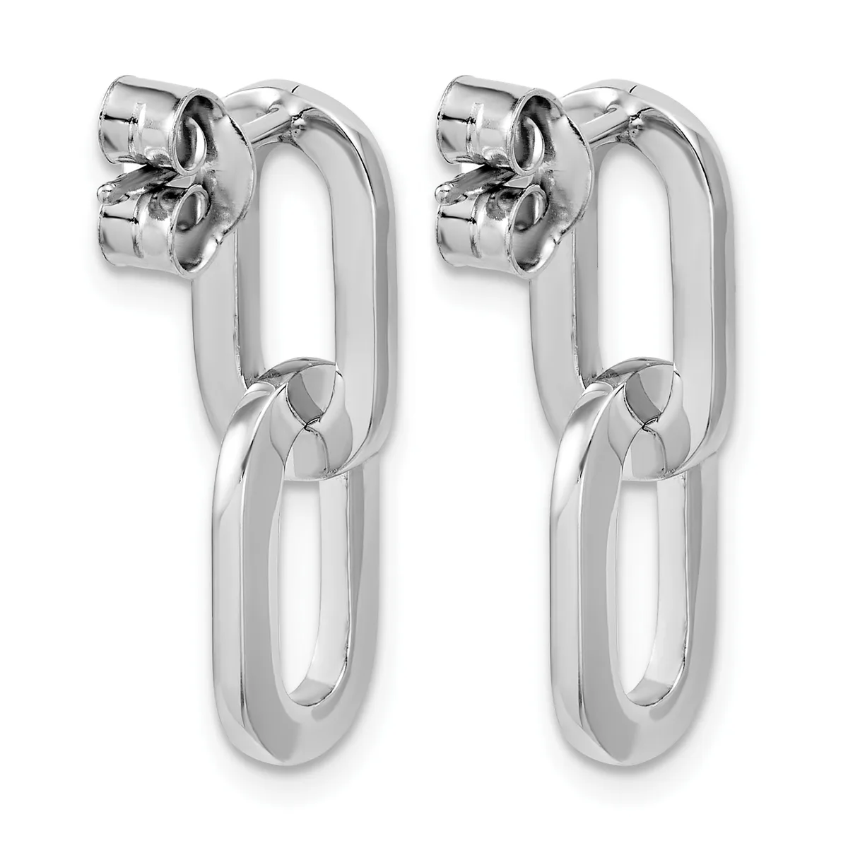 Pair of silver-toned oval link chain earrings with textured flower-shaped studs at the top.