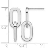 Pair of silver dangle earrings with oval link designs, shown next to a ruler indicating approximately one inch in length.