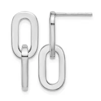 Pair of silver-toned stud earrings with oval-shaped drop pendants, shown from front and side views.