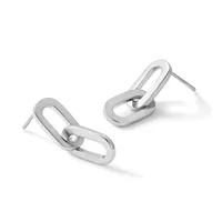 A pair of silver oblong link stud earrings with a polished finish, displayed at angles against a white background.