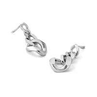 A pair of polished silver chunky curved hoop earrings with posts and backs, displayed against a white background.