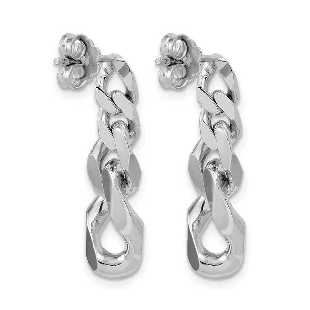 A pair of silver chain link drop earrings with stud posts and butterfly backs, shown from the front against a white background.