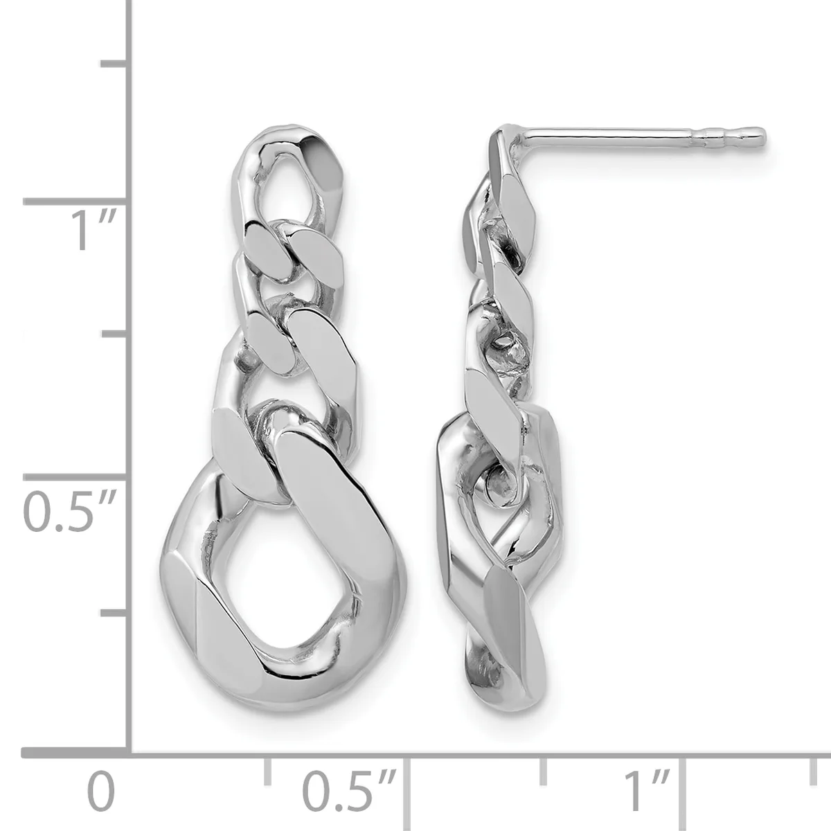 Pair of silver chain link dangle earrings with posts, shown against a measurement scale indicating approximately one inch in length.