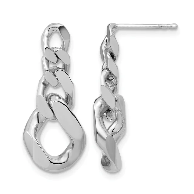 Pair of silver chain link drop earrings with post and backing closures, shown from front and side views.