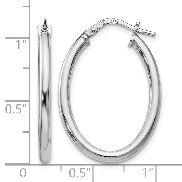 A pair of polished silver hoop earrings with a measurement scale showing they are approximately one inch tall and one-quarter inch in diameter.
