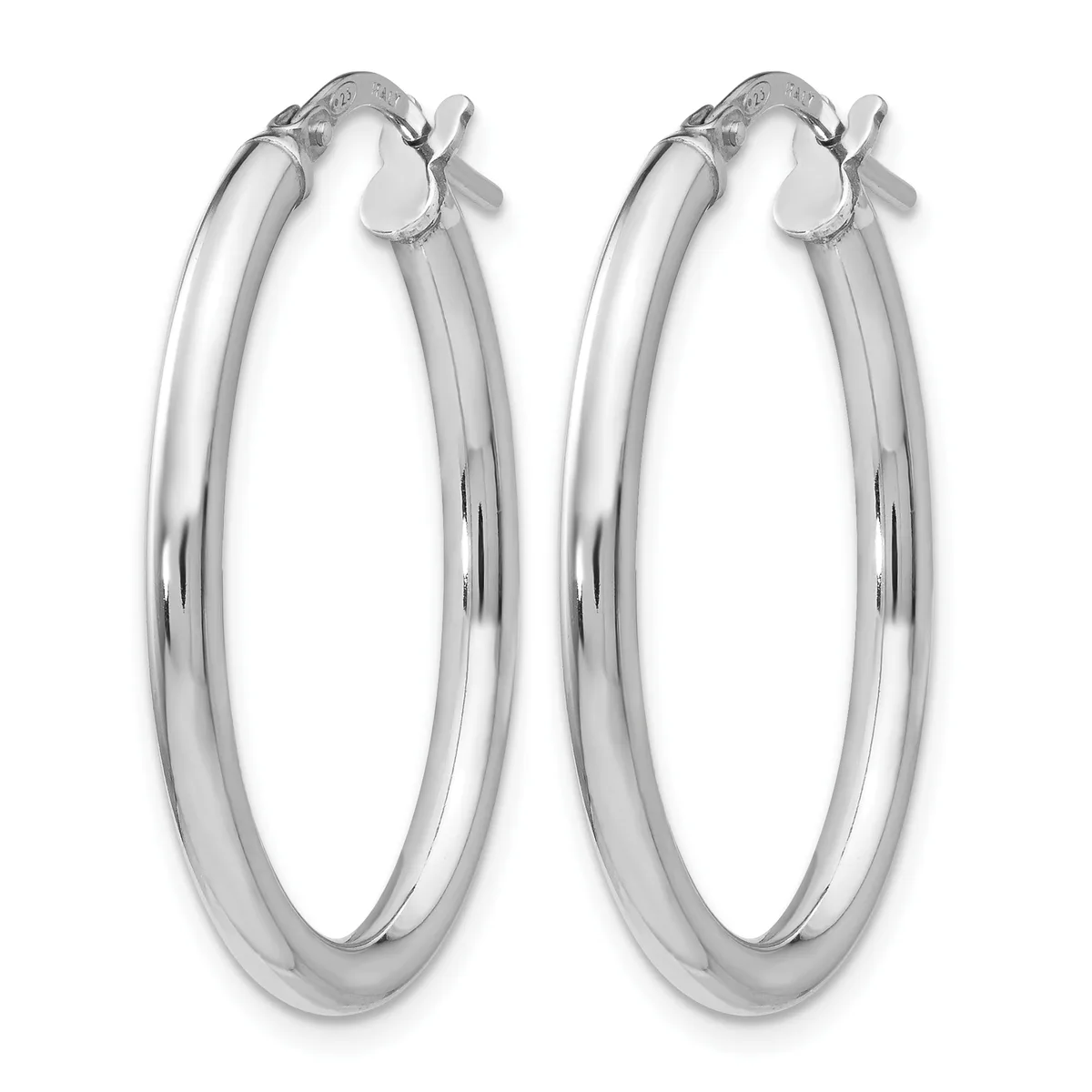 A pair of polished silver hoop earrings with a smooth, rounded profile and hinged closures, displayed against a white background.
