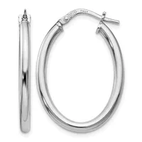 A pair of polished silver hoop earrings with a thick rounded profile, shown from the front and side views with a small hallmark visible on the clasp.