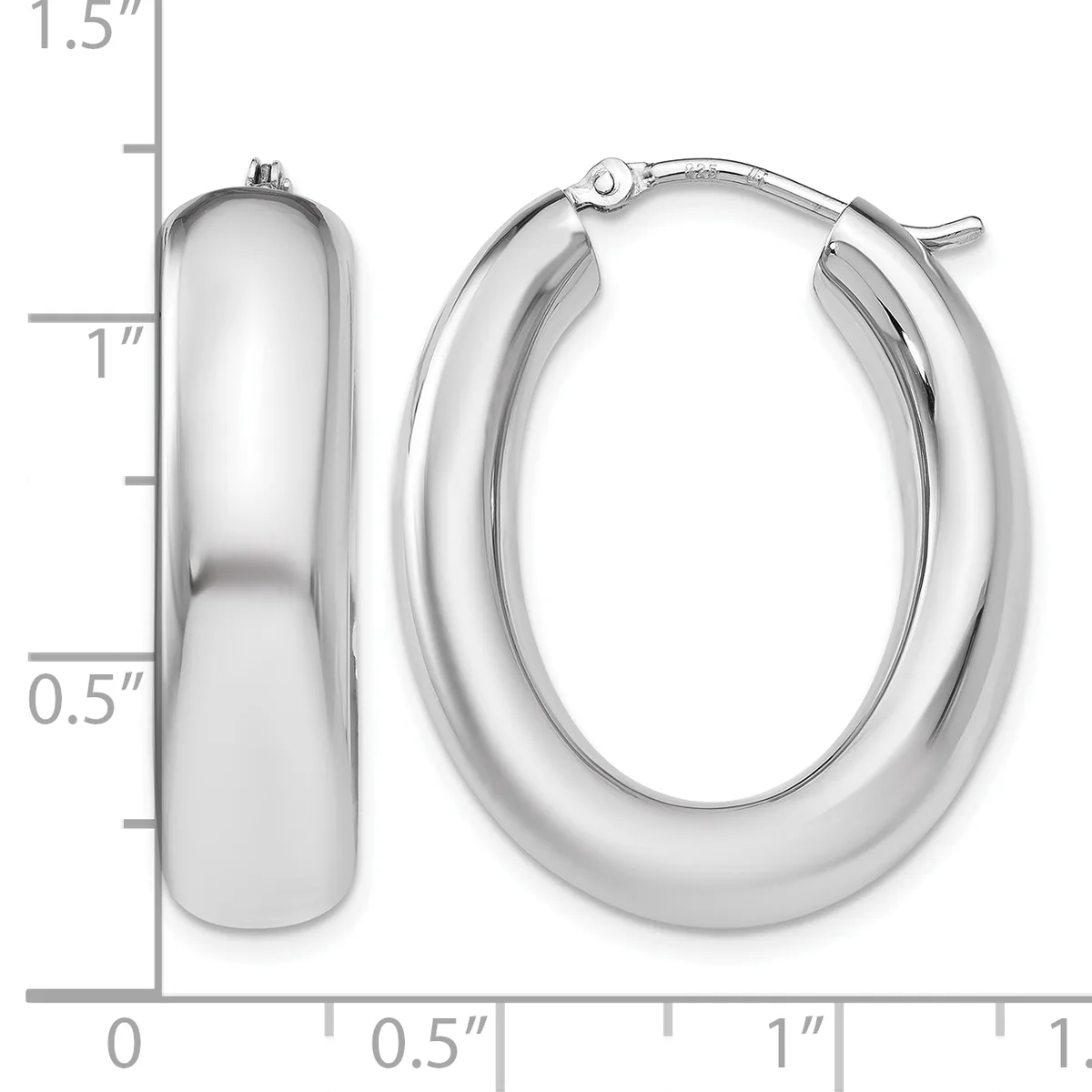 Pair of polished silver oval hoop earrings with hinged posts, displayed against a ruler showing approximately 1.25 inches in length and 0.5 inches in width.