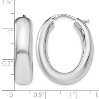 Pair of polished silver oval hoop earrings with hinged posts, displayed against a ruler showing approximately 1.25 inches in length and 0.5 inches in width.