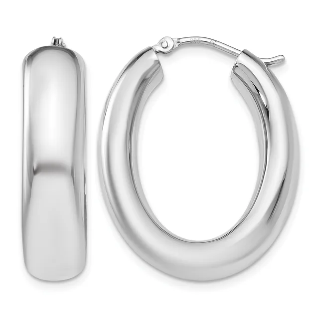 A pair of polished silver oval hoop earrings shown from front and side views, with a hinged closure and small hallmark visible on the post.