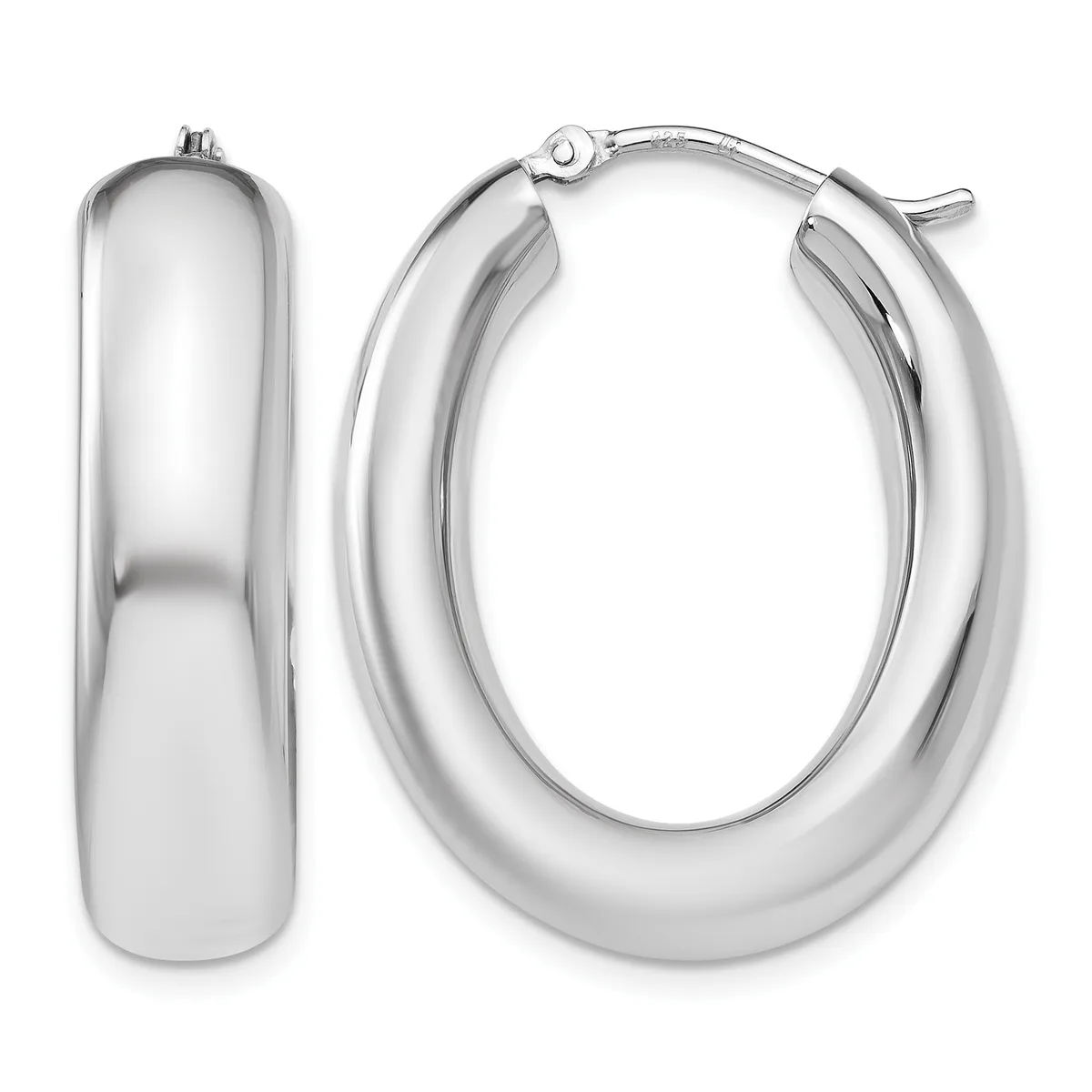 A pair of polished silver oval hoop earrings shown from front and side views, with a hinged closure and small hallmark visible on the post.