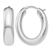A pair of polished silver oval hoop earrings shown from front and side views, with a hinged closure and small hallmark visible on the post.