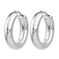 A pair of polished silver-toned chunky hoop earrings with hinged closures, displayed side by side against a white background.