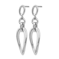 A pair of silver drop earrings with oval studs at the top and elongated teardrop-shaped pendants hanging below, displayed against a white background.