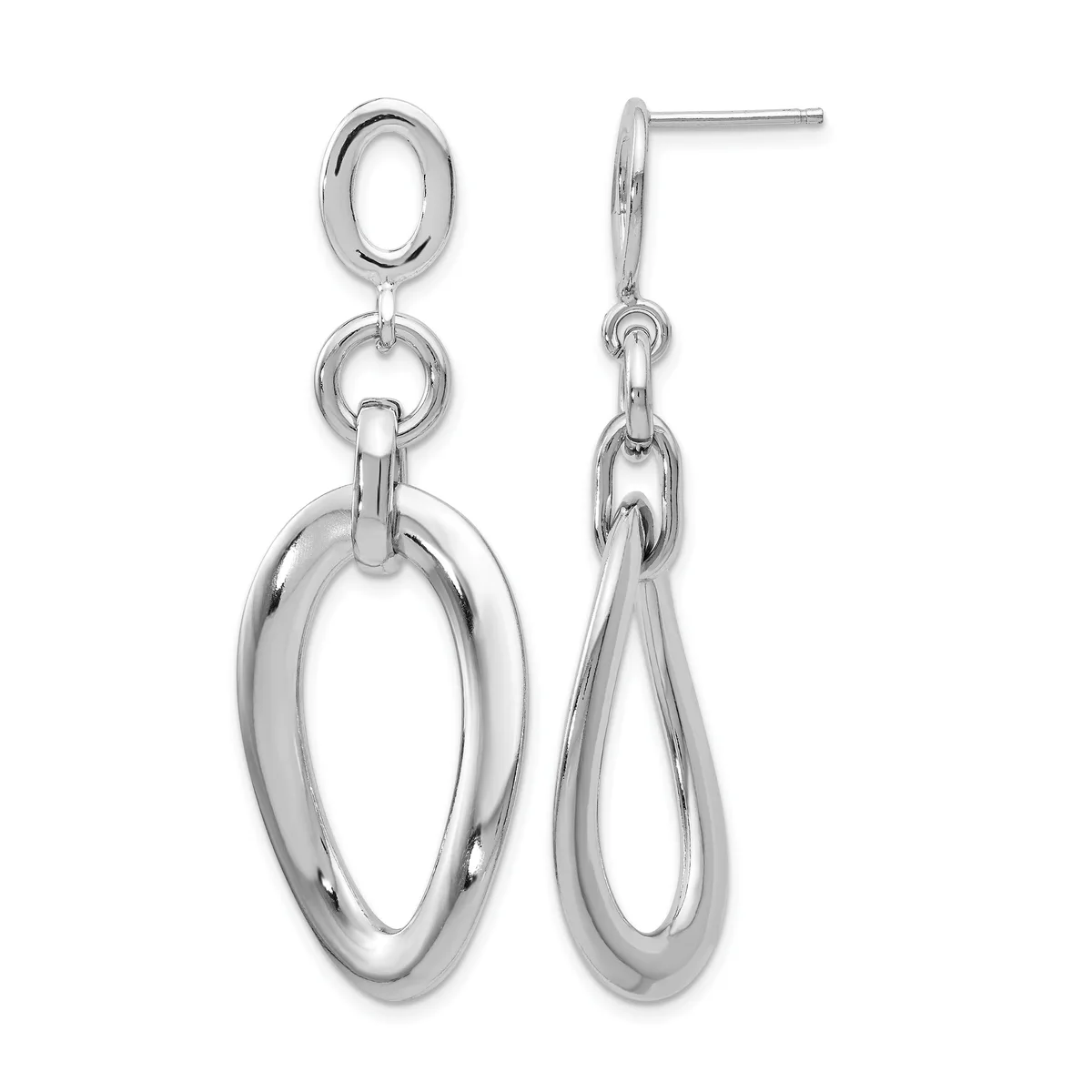 A pair of polished silver dangle earrings with stud posts, each featuring two connected oval rings that graduate in size from small to large.