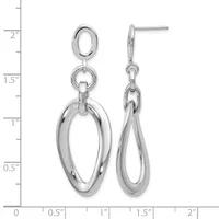 Pair of silver-toned dangle earrings featuring stacked oval rings connected by small links, displayed against a measurement scale.