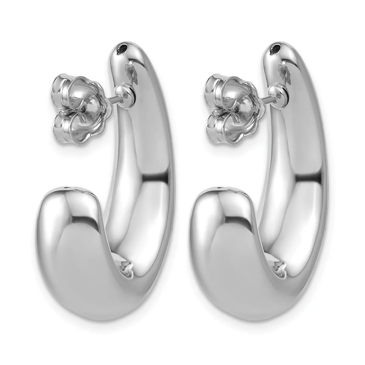 A pair of polished silver hoop earrings with a chunky, curved tubular design and small decorative flower-shaped earring backs.