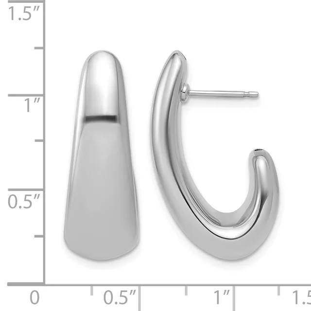 A pair of polished silver chunky curved hoop earrings with posts, shown front and side view against a measurement scale indicating approximately 1.25 inches in length.