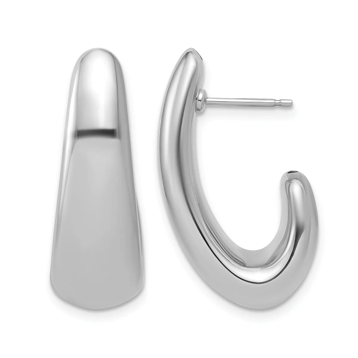 Pair of polished silver-toned chunky tapered hoop earrings shown from front and side views with post and clutch backs.
