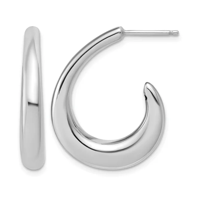 Pair of polished silver-toned chunky hoop earrings with post and clutch backs, shown from front and side angles.