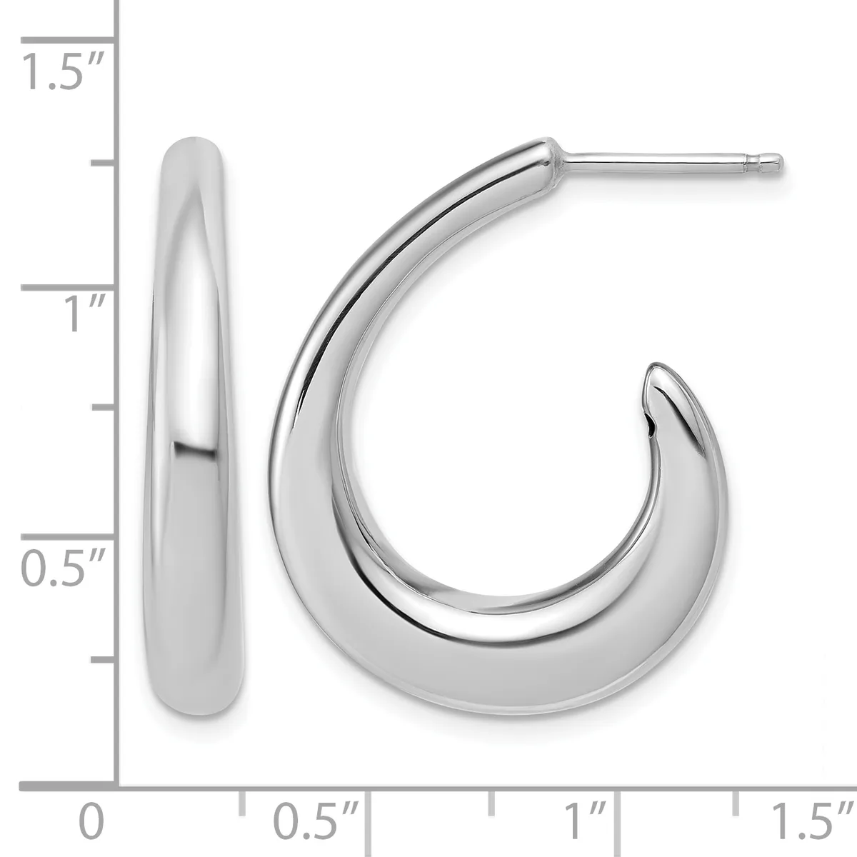A pair of polished silver curved hoop earrings displayed next to a measurement ruler showing dimensions of approximately 1 inch in height and 0.5 inches in width.