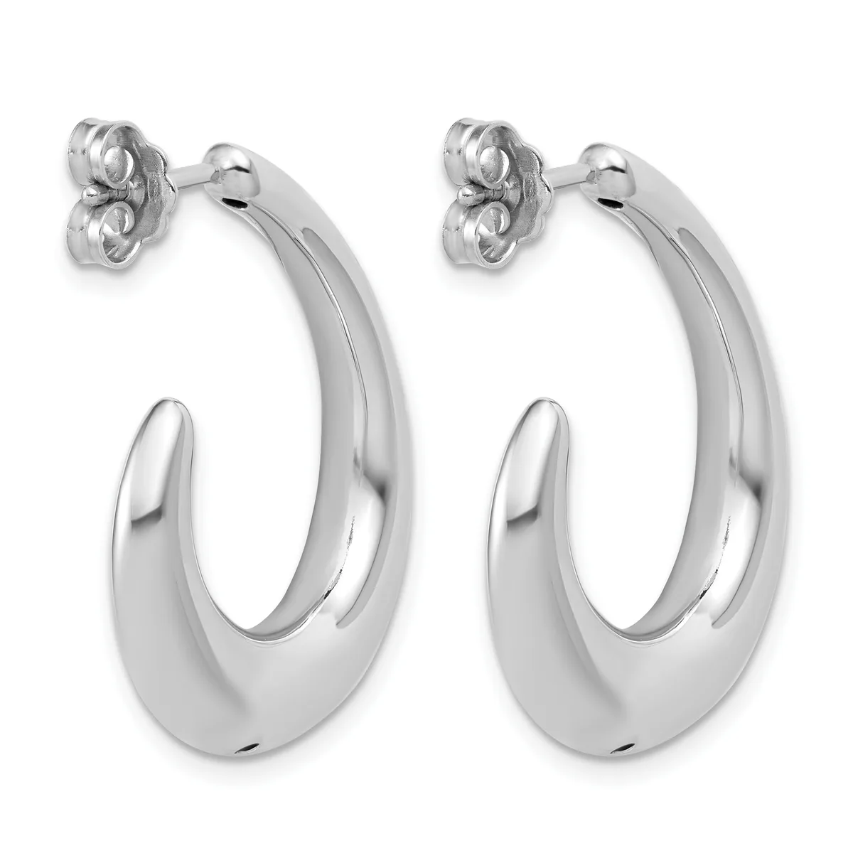 A pair of polished silver hoop earrings with curved, tapered designs and stud posts with decorative backs, displayed against a white background.