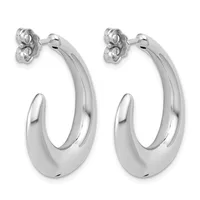 A pair of polished silver hoop earrings with curved, tapered designs and stud posts with decorative backs, displayed against a white background.