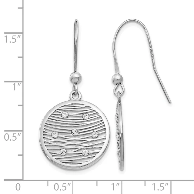 Silver drop earrings with circular pendants featuring horizontal stripe texture and small round crystal accents, shown on measurement scale.