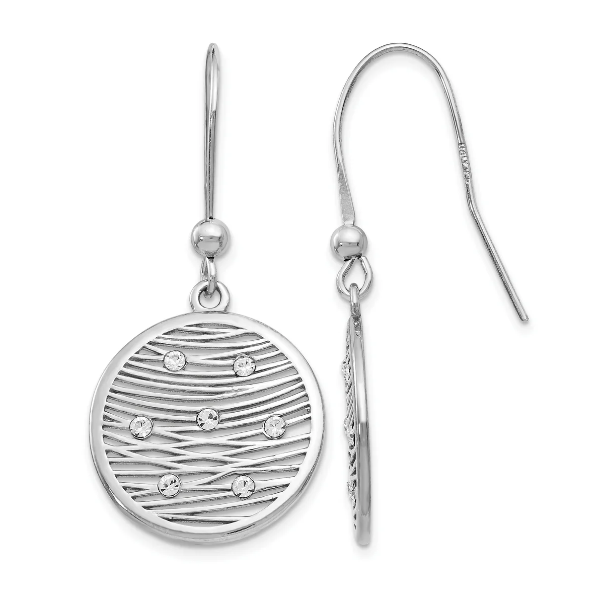 Pair of silver drop earrings with circular textured pendants decorated with small round crystals, shown front and back view.